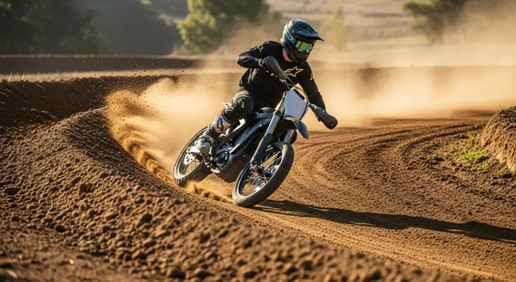 🏍️ How to Ride a Dirt Bike Like a Pro — Step-by-Step Beginner’s Guide (2025) 16 Beginner rider cornering electric dirt bike on open trail