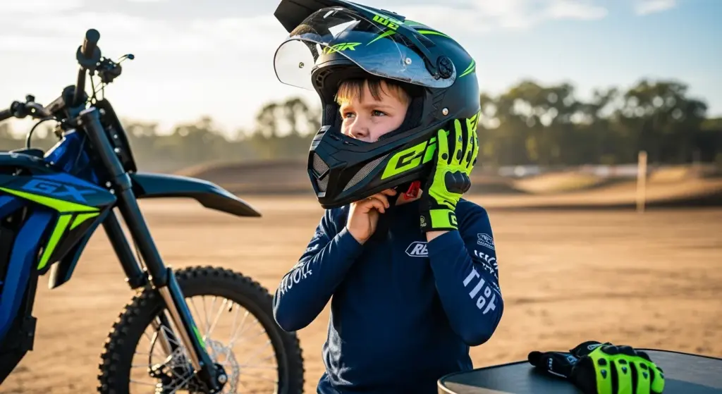 🏍️ How to Ride a Dirt Bike Like a Pro — Step-by-Step Beginner’s Guide (2025) 13 Child gearing up safely for first electric dirt bike lesson