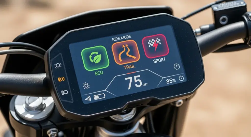 🏍️ How to Ride a Dirt Bike Like a Pro — Step-by-Step Beginner’s Guide (2025) 17 Electric dirt bike handlebar screen displaying ride modes