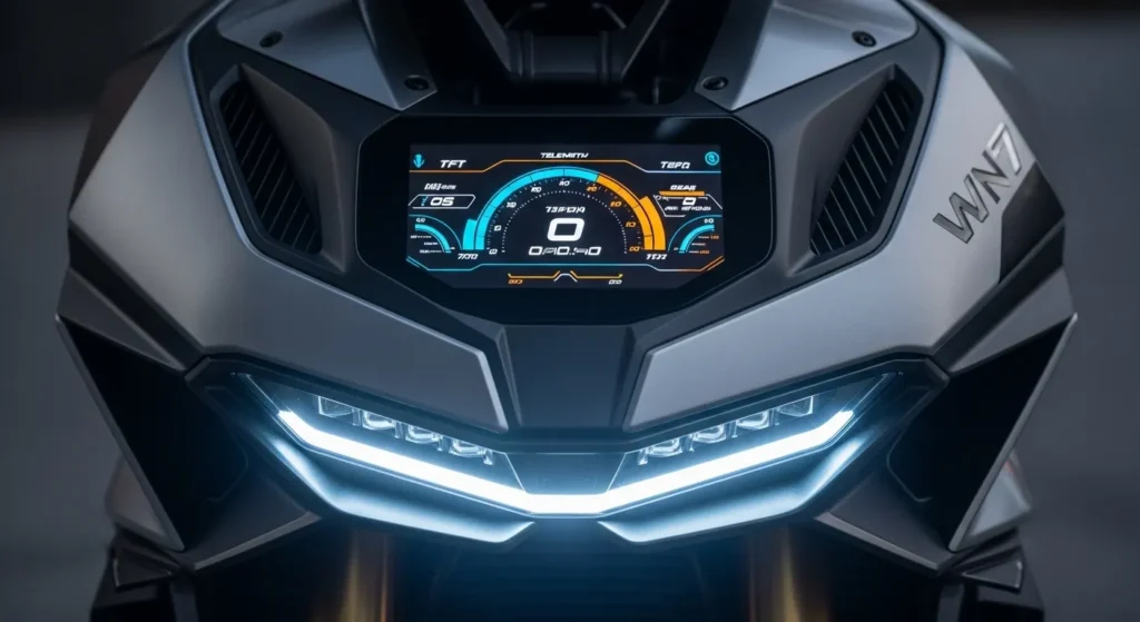 Honda WN7 Electric: Price, Specs & Why It’s Trending in the USA 2 Close-up of WN7’s TFT display, LED headlamp, sharp body panels.