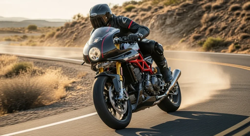 Norton’s Comeback: What TVS’s $200M Investment Means for U.S. Riders 3 Norton 1200cc superbike in motion on a winding U.S. highway or desert trail
