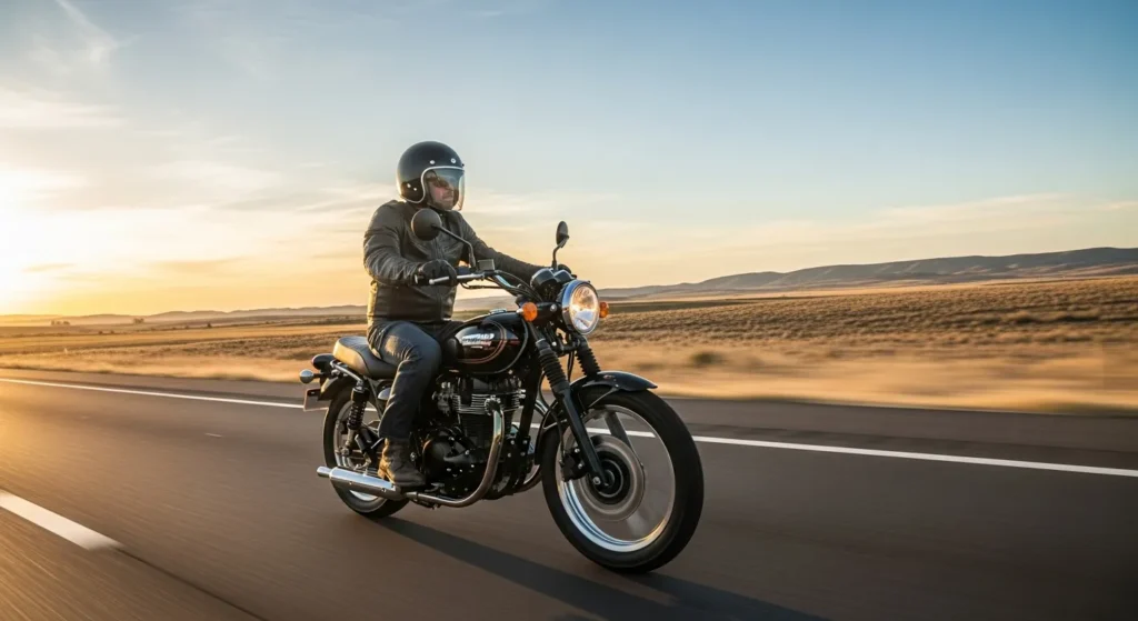 Vintage Soul, Modern Heart: Why the Kawasaki W230 Is Going Viral 🔥 3 Rider on Kawasaki W230, cruising mid-speed on open U.S. highway
