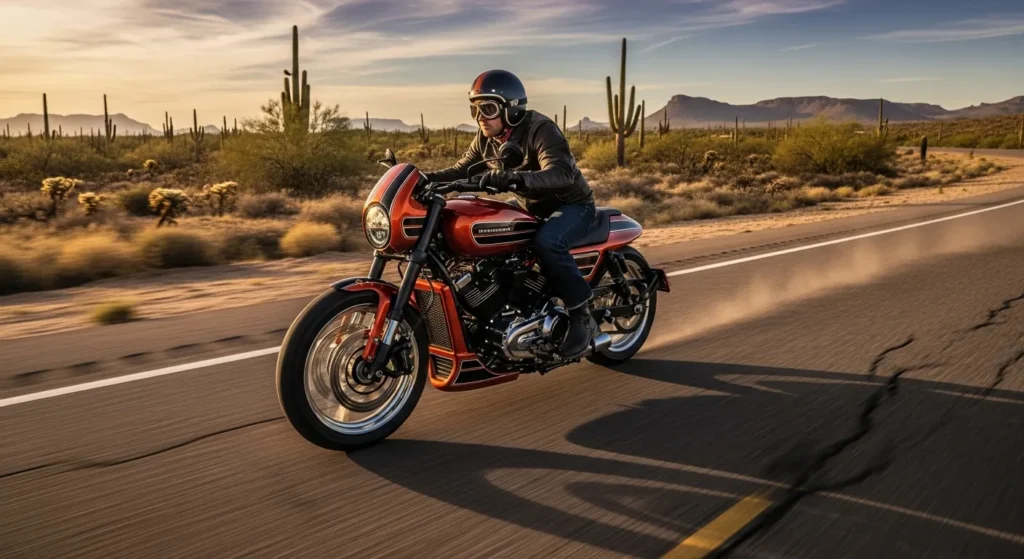Affordable Harley-Davidson Sprint 2026 Set for U.S. Launch 3 action shot of Harley Sprint 2026 cruising through desert highway.