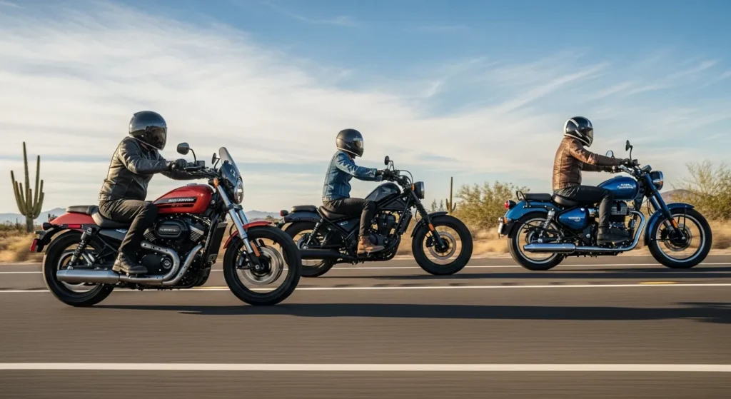 Affordable Harley-Davidson Sprint 2026 Set for U.S. Launch 4 side-by-side render of Harley Sprint 2026 next to Honda Rebel 500 and Royal Enfield Meteor 350