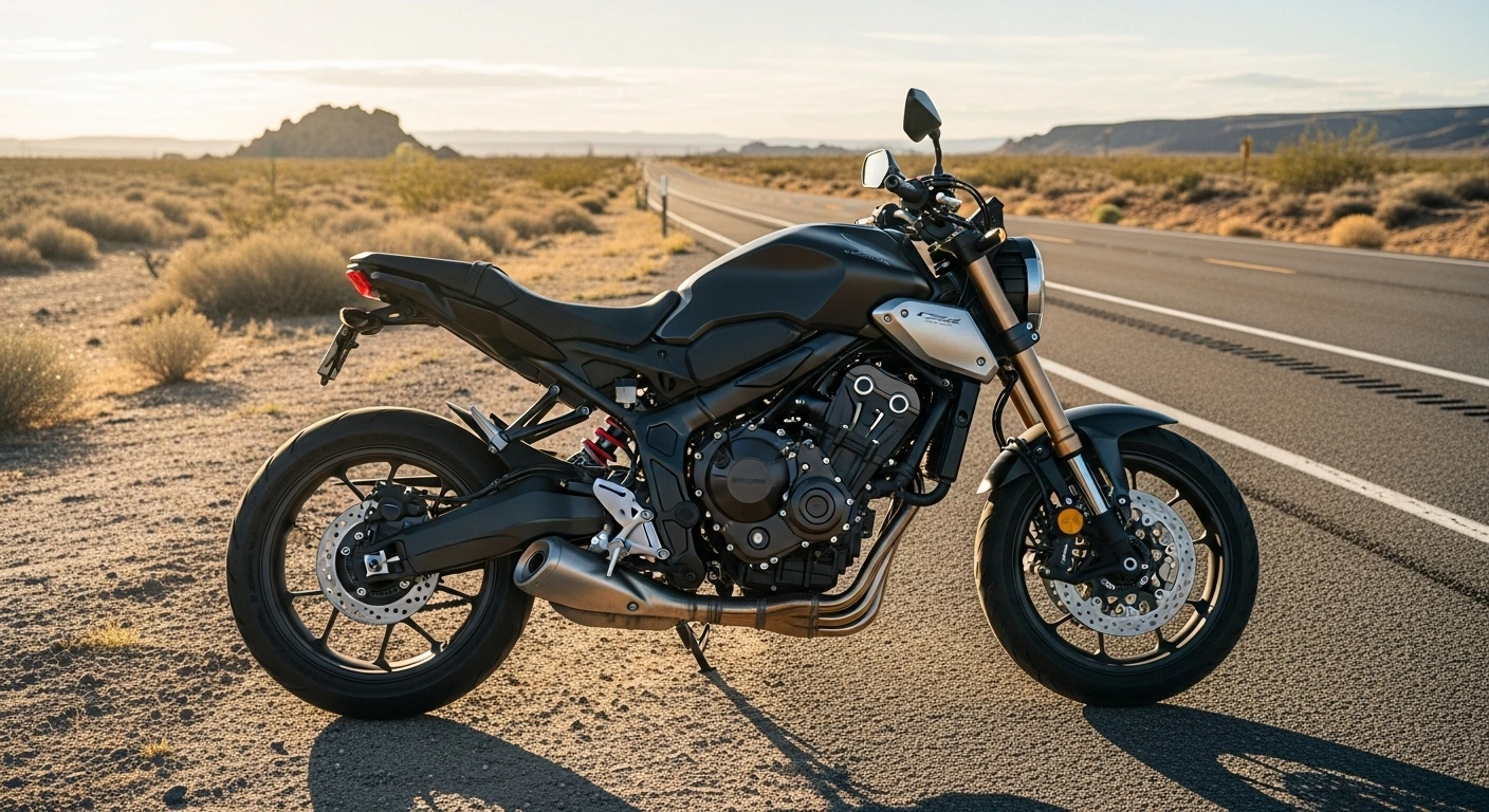 2025 Honda CB750 Hornet in Matte Black Metallic on a U.S. desert highway during sunset
