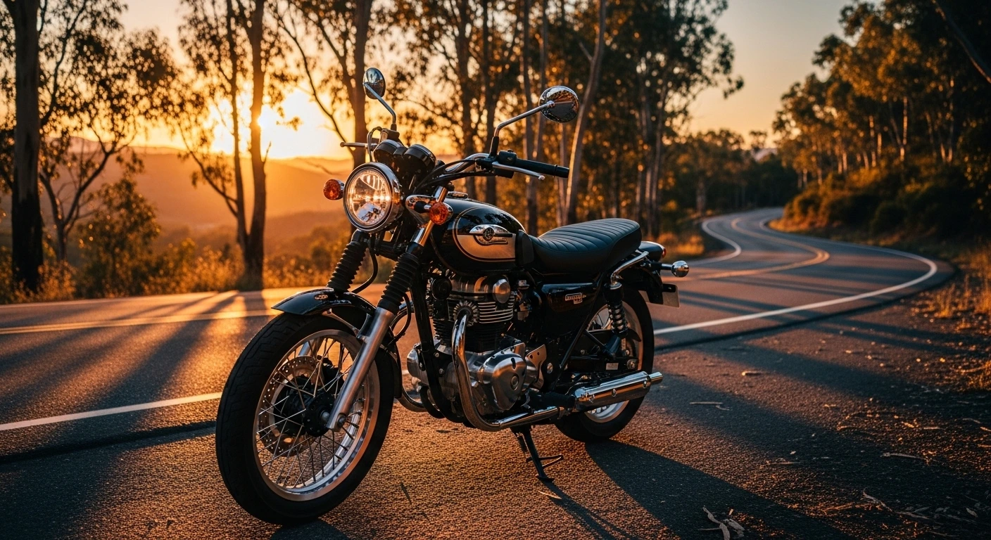2025 Kawasaki W230 retro motorcycle on a scenic road at sunset