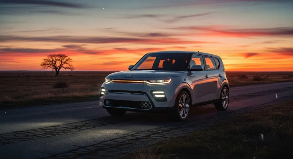 2025 Kia Soul final edition on the road at sunset, marking the end of production for the iconic compact crossover
