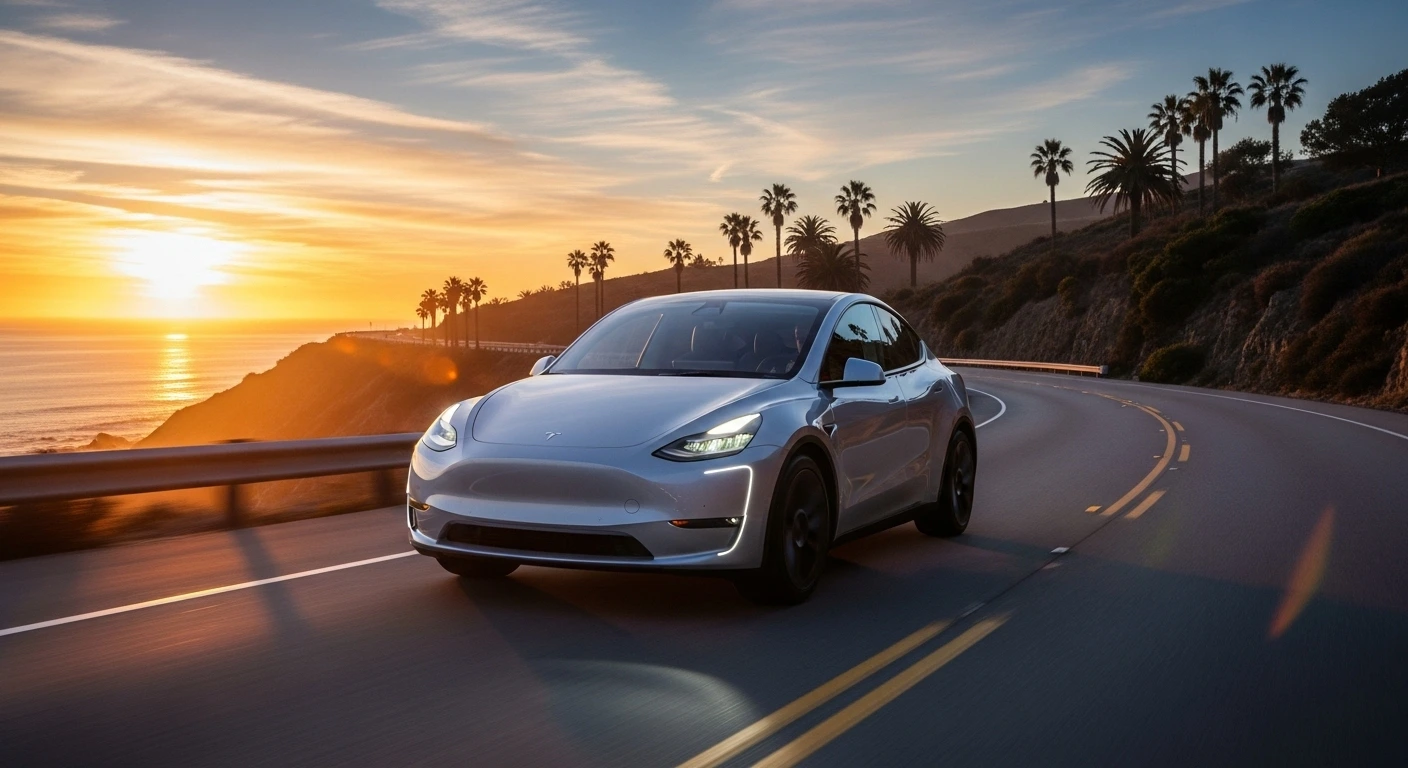 2025 Tesla Affordable Model Y driving on a California coastal highway at sunset