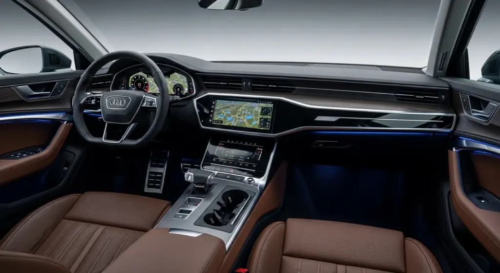 2026 Audi A6 interior with dual digital screens and premium leather seats showcasing Audi’s tech-forward cabin