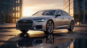 026 Audi A6 redesigned in silver with new grille and LED headlights, displayed in city backdrop at sunrise