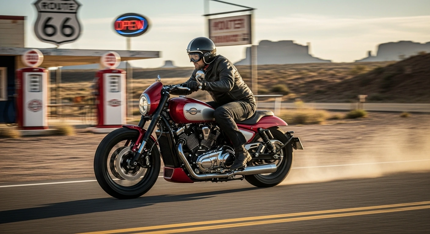 “2026 Harley Sprint in motion on Route 66 showcasing its agility and performance