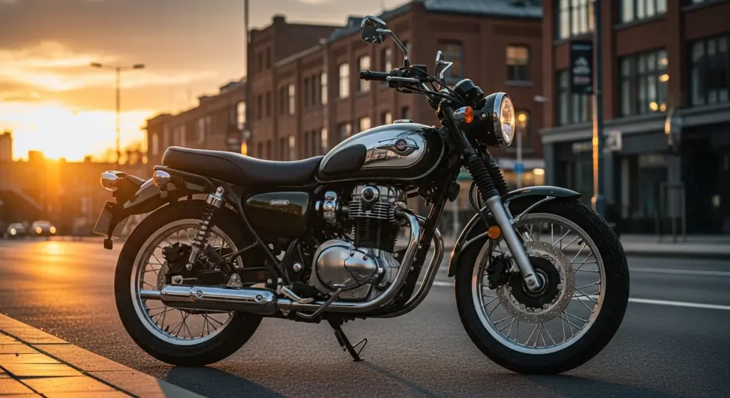 2026 Kawasaki W230 ABS in Metallic Matte Dark Green — retro-styled motorcycle with chrome details parked on a city street