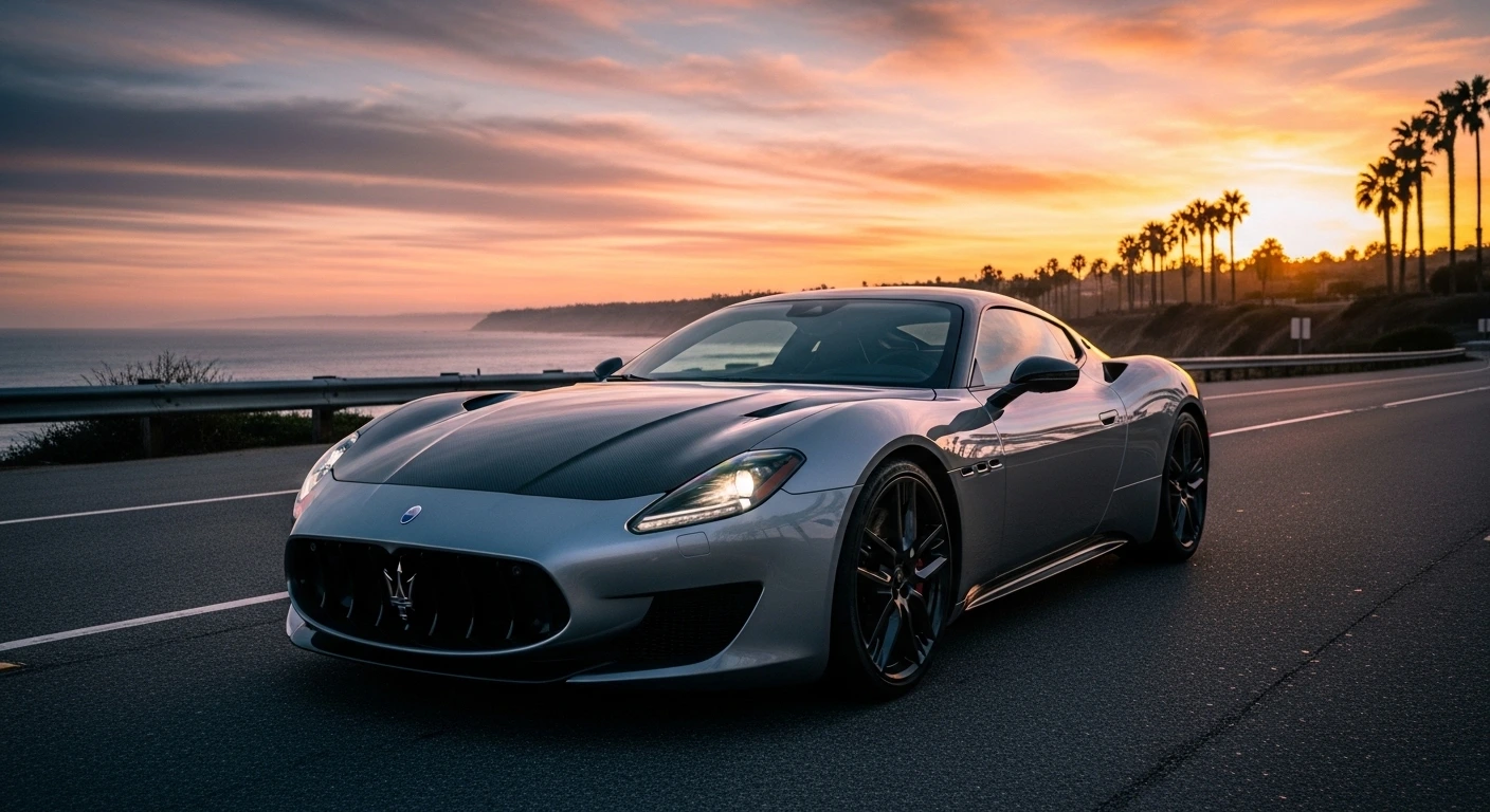 2026 Maserati MCPura supercar parked on a California highway during sunset, showcasing its sleek silver design