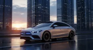 2026 Mercedes-Benz CLA EQ Technology in silver showcased on a futuristic city street during sunrise