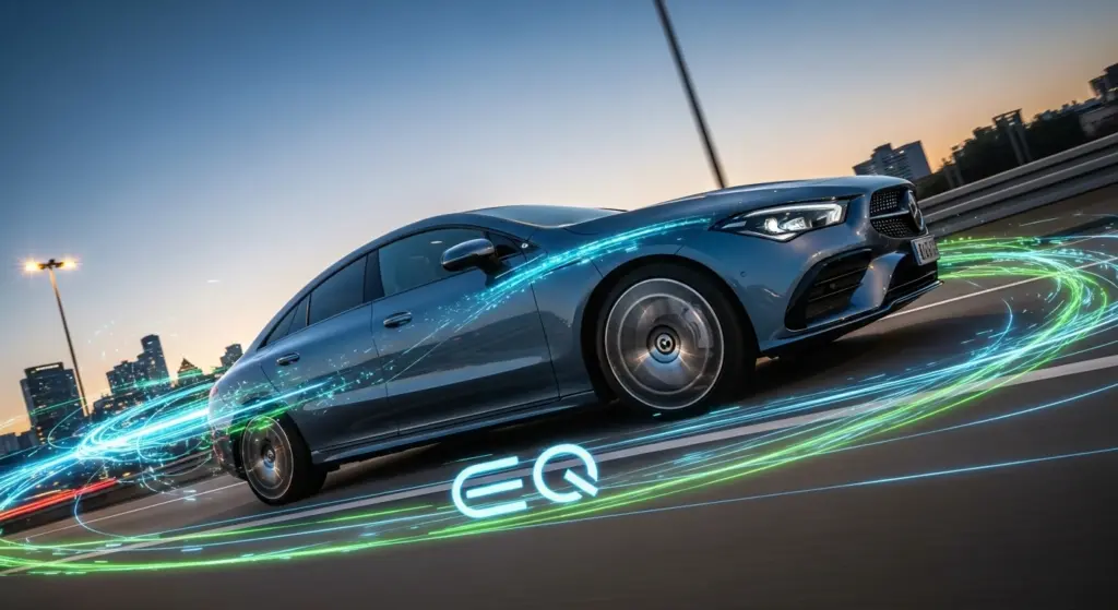 2026 Mercedes-Benz CLA EQ accelerating on a highway, highlighting performance and efficiency