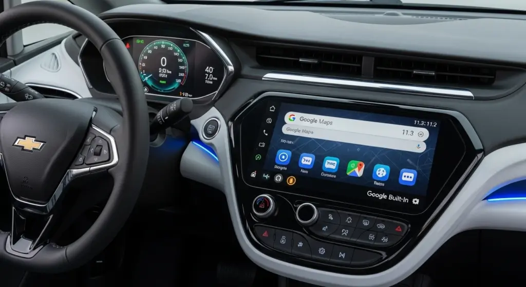 2027 Chevrolet Bolt interior showing 11.3-inch infotainment display and Google Built-In interface