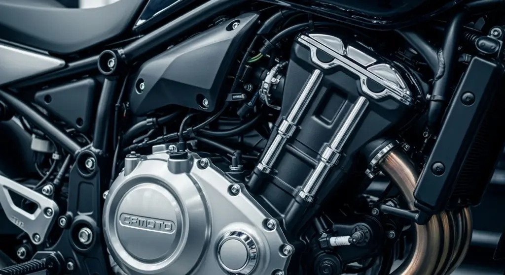 CFMoto 675NK on a U.S. highway during sunset showcasing its bold naked bike design