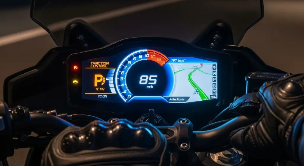 CFMoto 675NK’s 5-inch TFT display showing modern rider information and connectivity