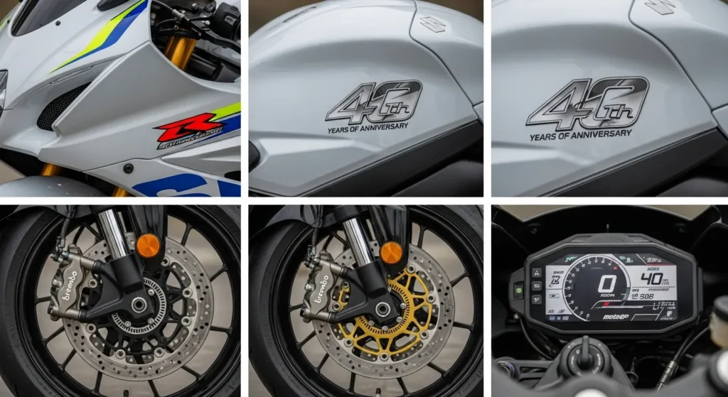 2026 Suzuki GSX-R 40th Anniversary: What’s New & Why It Matters 2 Close-up details of Suzuki GSX-R 40th Anniversary design, graphics and braking system