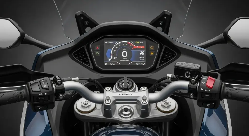 Honda’s 2025 NT1100 DCT Is the Smartest Touring Bike You’ll Ride This Year 2 Close-up of Honda NT1100 DCT’s TFT screen, DCT shifter, and ergonomic touring setup..076Z