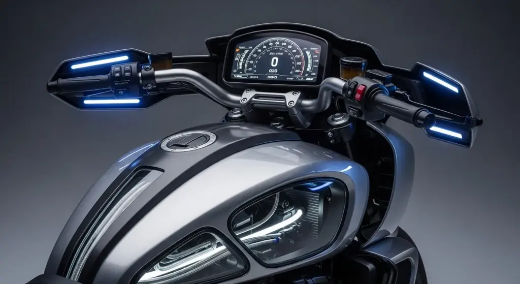 Close-up of Pan America S2 concept front and instrument cluster