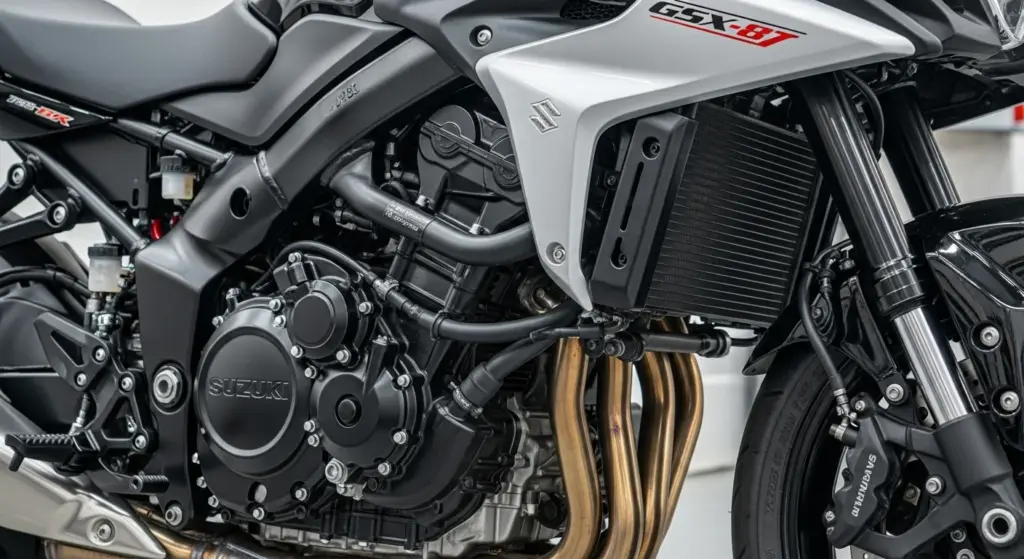 Close-up of Suzuki GSX-8T’s 776cc parallel-twin engine highlighting modern engineering