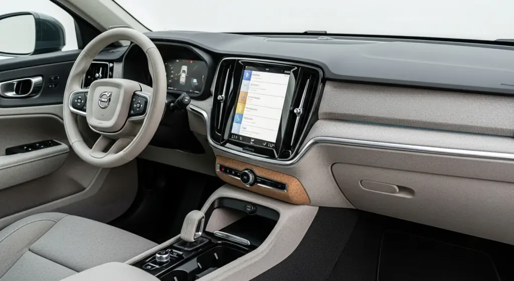 Close-up of the 2025 Volvo EX30 interior cabin, featuring sustainable materials, large central touchscreen, minimalist Scandinavian design, ambient lighting