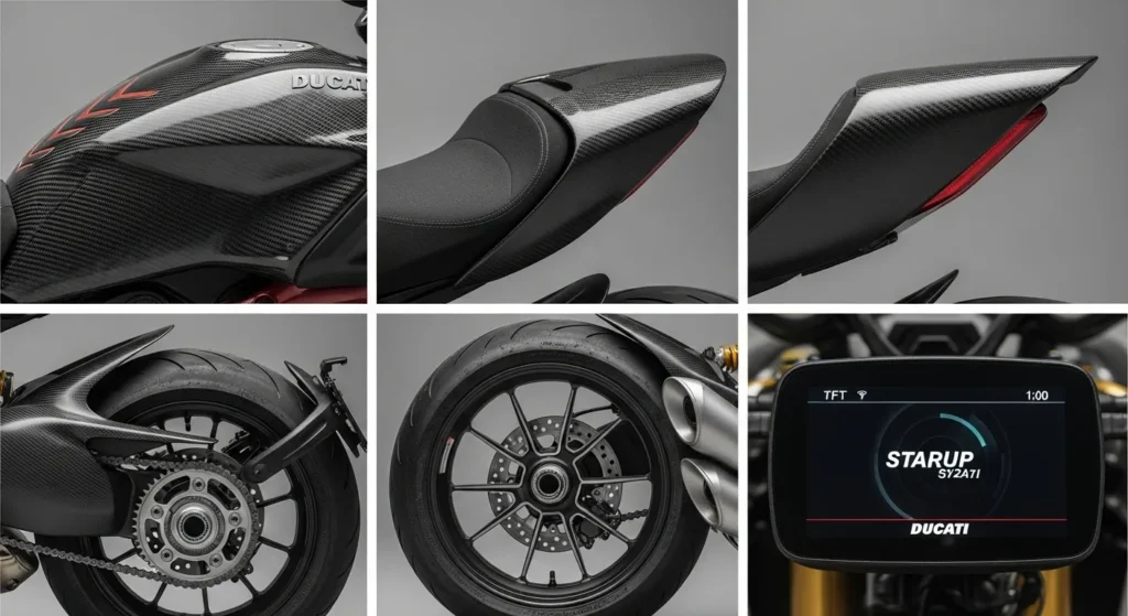 0–60 in Just 2.4 Seconds: Meet the Ducati Diavel V4 RS 2 Close-up view of Ducati Diavel V4 RS carbon fiber design and TFT display.