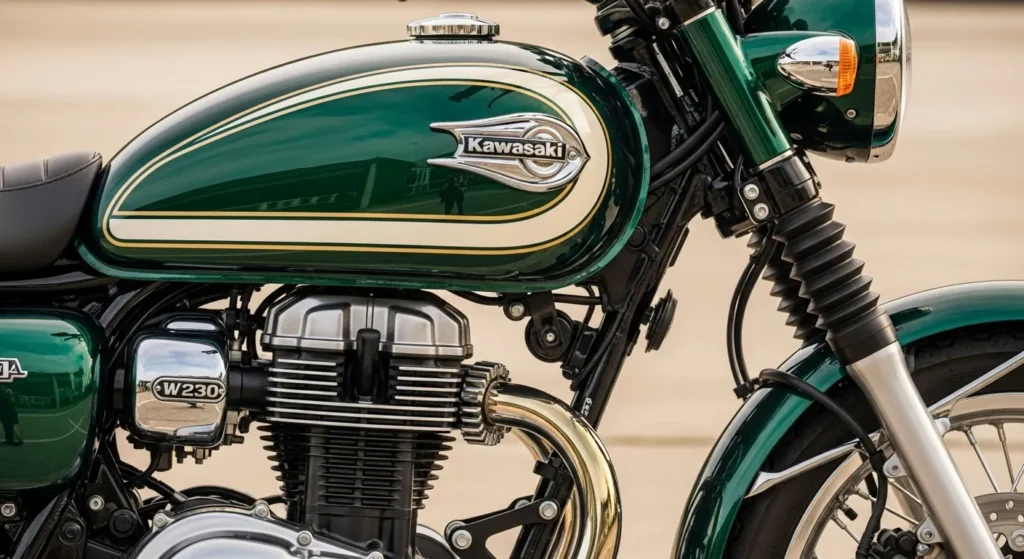 Why Everyone’s Talking About the Kawasaki W230 in 2025 2 Close-up view of Kawasaki W230 2025 fuel tank, spoked wheels, and classic gauges.