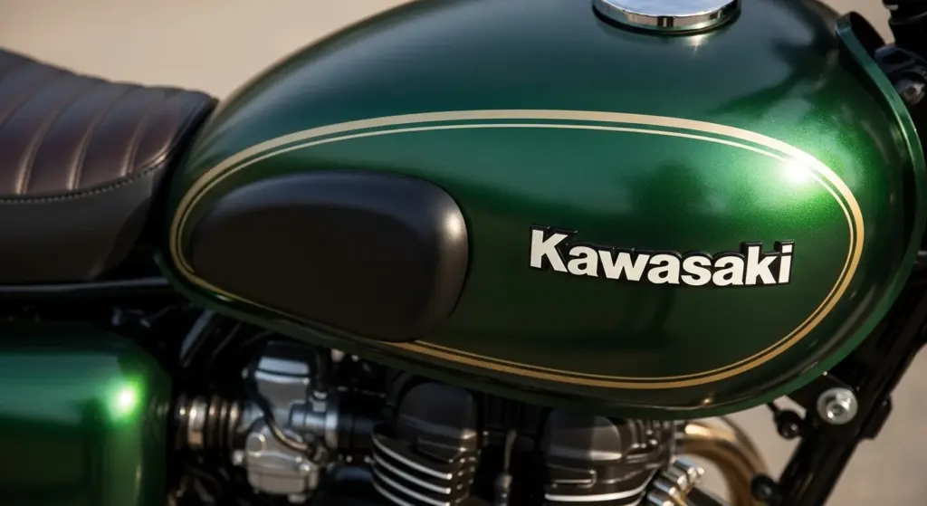 Close-up view of the 2026 Kawasaki W230 fuel tank and side panel showing the new Metallic Matte Dark Green color and classic chrome styling.