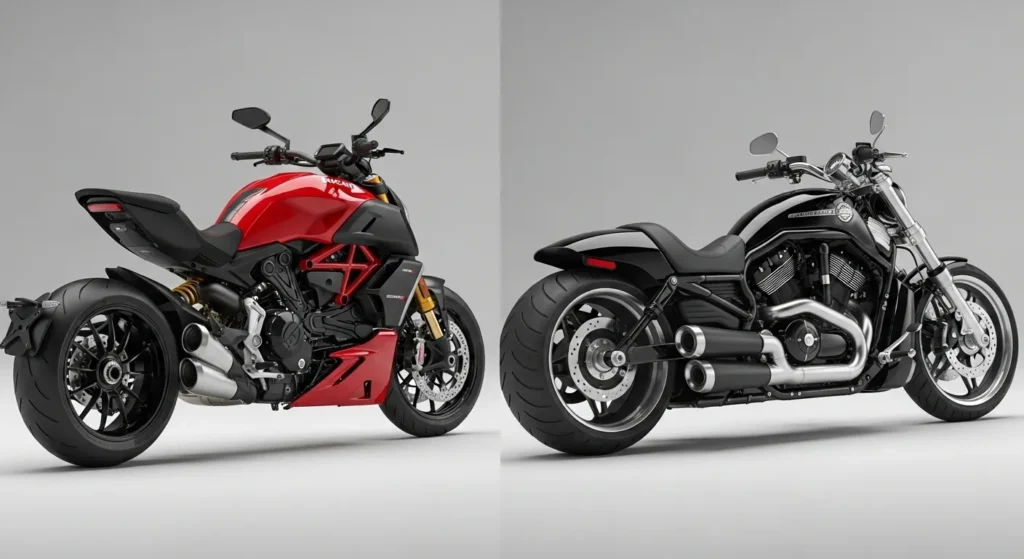 0–60 in Just 2.4 Seconds: Meet the Ducati Diavel V4 RS 4 Comparison between Ducati Diavel V4 RS and Harley-Davidson V-Rod muscle cruiser.