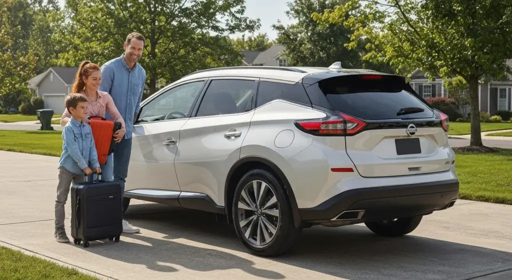 Forget the Old Murano — 2025 Model Is a Totally Different SUV for U.S. Drivers 4 Family with luggage using the 2025 Nissan Murano in a U.S. suburban neighborhood
