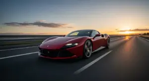 Ferrari Elettrica 2025 in motion on a highway, showcasing sleek design and aerodynamic curves