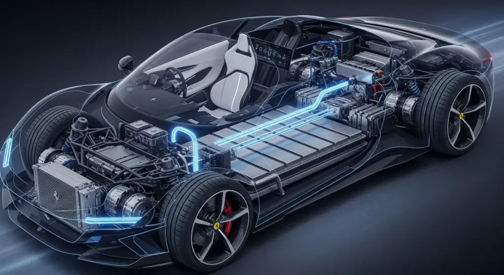 Ferrari Elettrica chassis revealing quad electric motors and advanced battery system