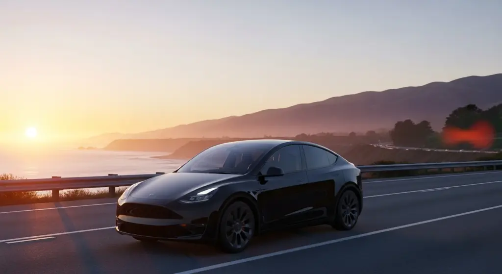 Front-angle view of the 2025 Tesla Model Y Standard parked on a California highway at sunrise