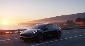 Front-angle view of the 2025 Tesla Model Y Standard parked on a California highway at sunrise