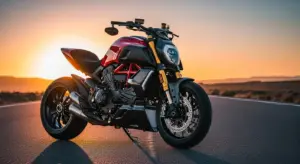 Front view of the 2025 Ducati Diavel V4 RS in red and black, showcasing its carbon fiber body and muscular stance on an open highway at sunset