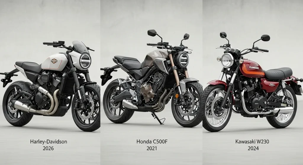 Young Riders Are Going Crazy Over the New Harley Sprint 2026 4 Harley-Davidson Sprint 2026 compared side-by-side with Honda CB500F and Kawasaki W230.