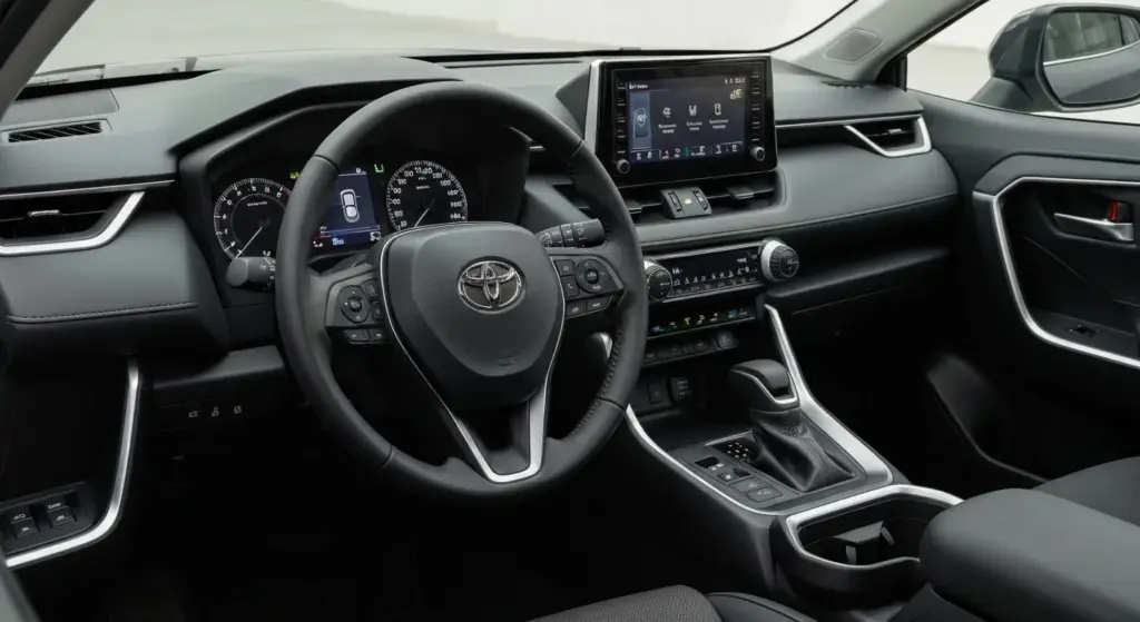 Why the All-New 2026 RAV4 Is Toyota’s Boldest SUV Yet 2 Interior of 2026 Toyota RAV4 featuring new digital displays and Arene software interface.