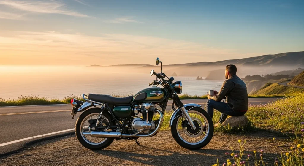 Why Everyone’s Talking About the Kawasaki W230 in 2025 3 Kawasaki W230 2025 ABS retro motorcycle with rider on California coastal road.