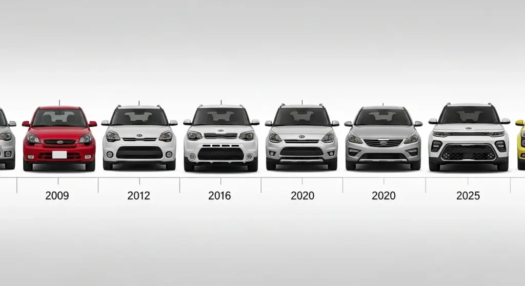 Kia Soul design evolution from 2009 to 2025 showcasing its iconic boxy transformation.