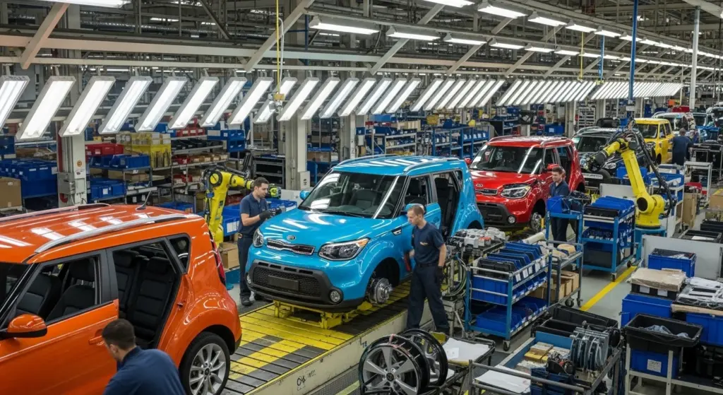 Kia factory workers assembling the final batch of Kia Soul models before production end