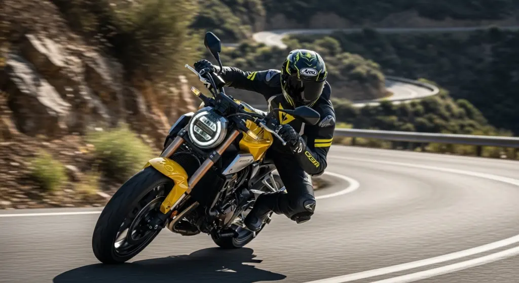 Rider cornering a 2025 Honda CB750 Hornet on a mountain road showcasing agility and handling.