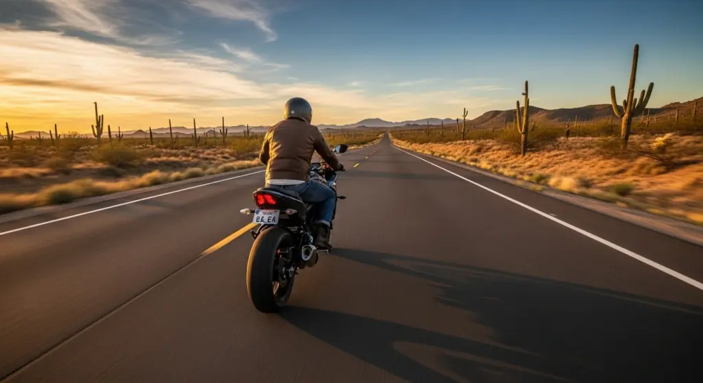Rider enjoying the Suzuki GSX-8TT on Route 66 highlighting real-world performance and retro charm