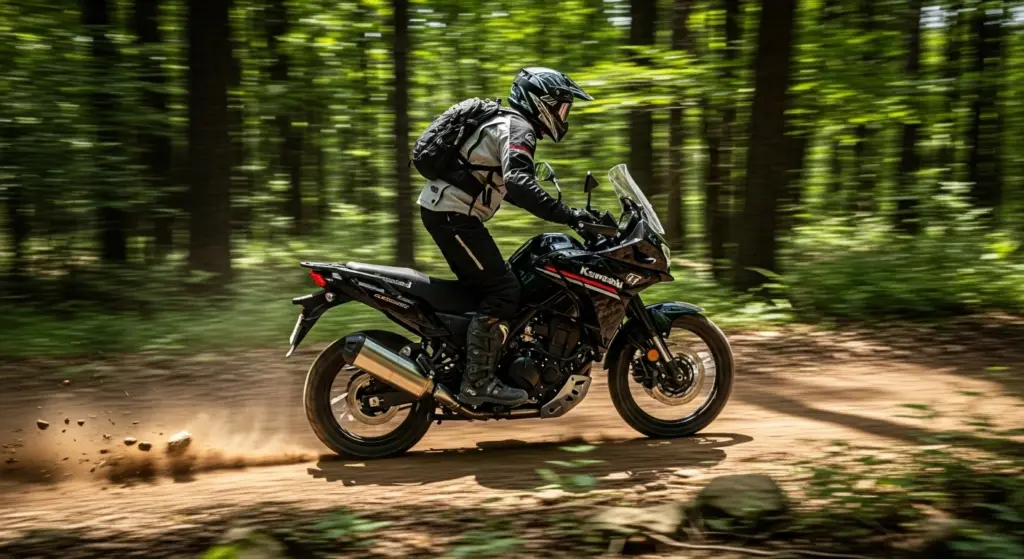 Rider on 2025 Kawasaki KLE tackling forest dirt trail