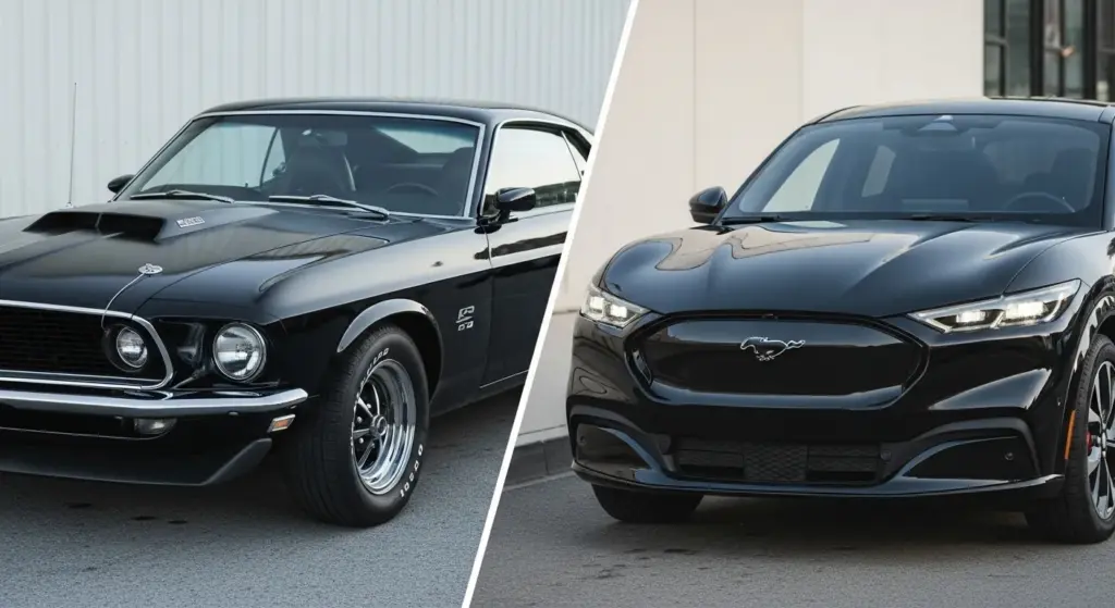 A 56-Year-Old Mustang Just Raised $250,000 for a Good Cause — Here’s the Story 4 Side-by-side image comparing the 1969 Ford Mustang Boss 429 with the modern 2025 Mustang Mach-E GT.