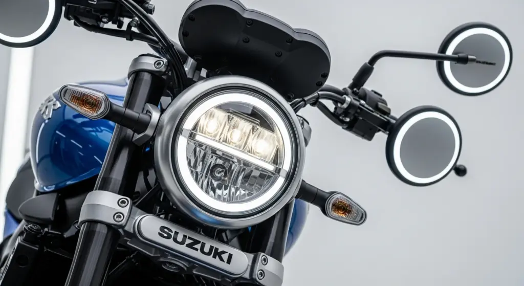 Suzuki GSX-8T close-up showing round LED headlight and bar-end mirrors with neo-retro aesthetics.