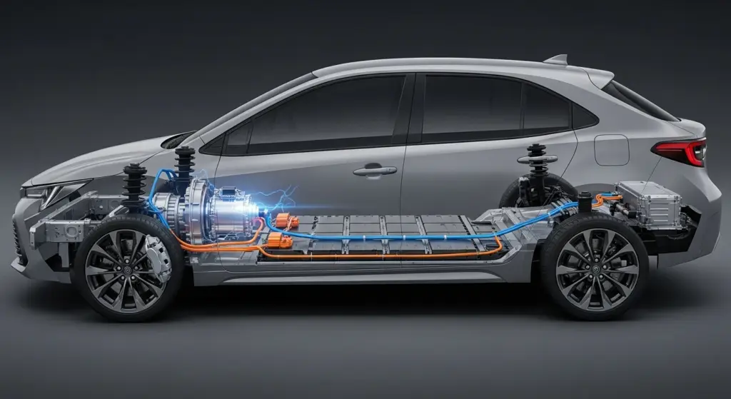 Toyota Corolla EV concept powertrain layout with electric motor and battery pack