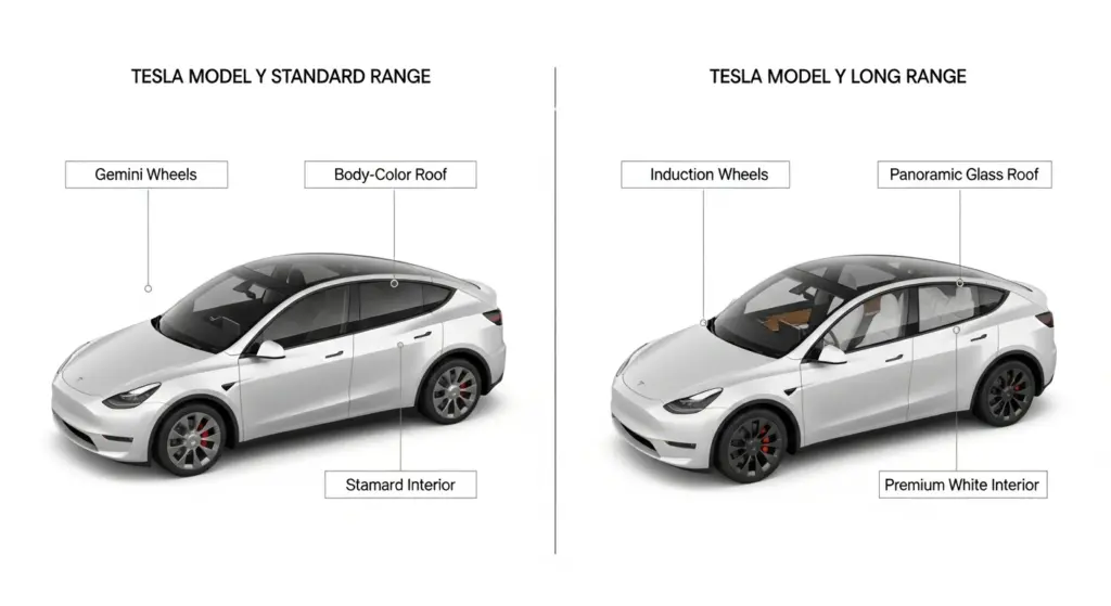 Visual comparison of Tesla Model Y Standard and Model Y Long Range highlighting exterior and interior differences