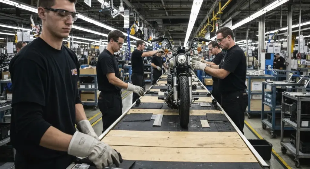 Harley-Davidson’s Big 2025 Shake-Up: New CEO, New Direction? 2 Workers on Harley Davidson motorcycle production line